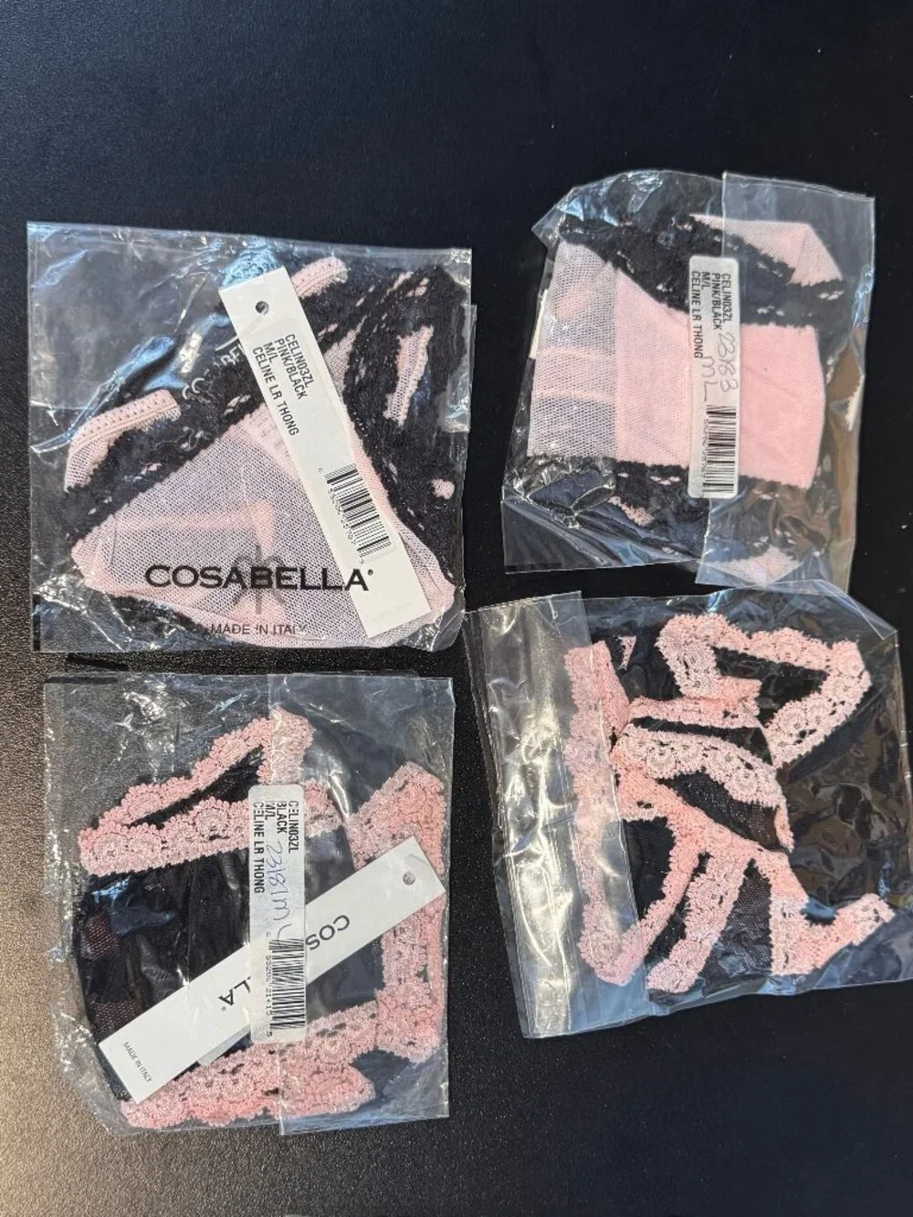 Cosabella 4 pc Bundle - Celine Low-Rise Thong (M/L) - Black/Pink - COS211